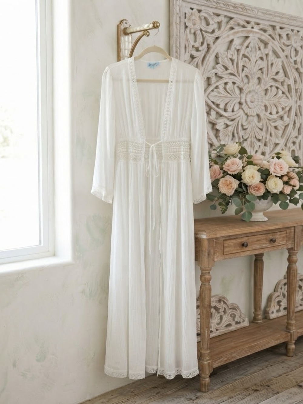Rebellion Again Boho White Lace Knit Inset Maxi Duster Cover Up Kimono Small